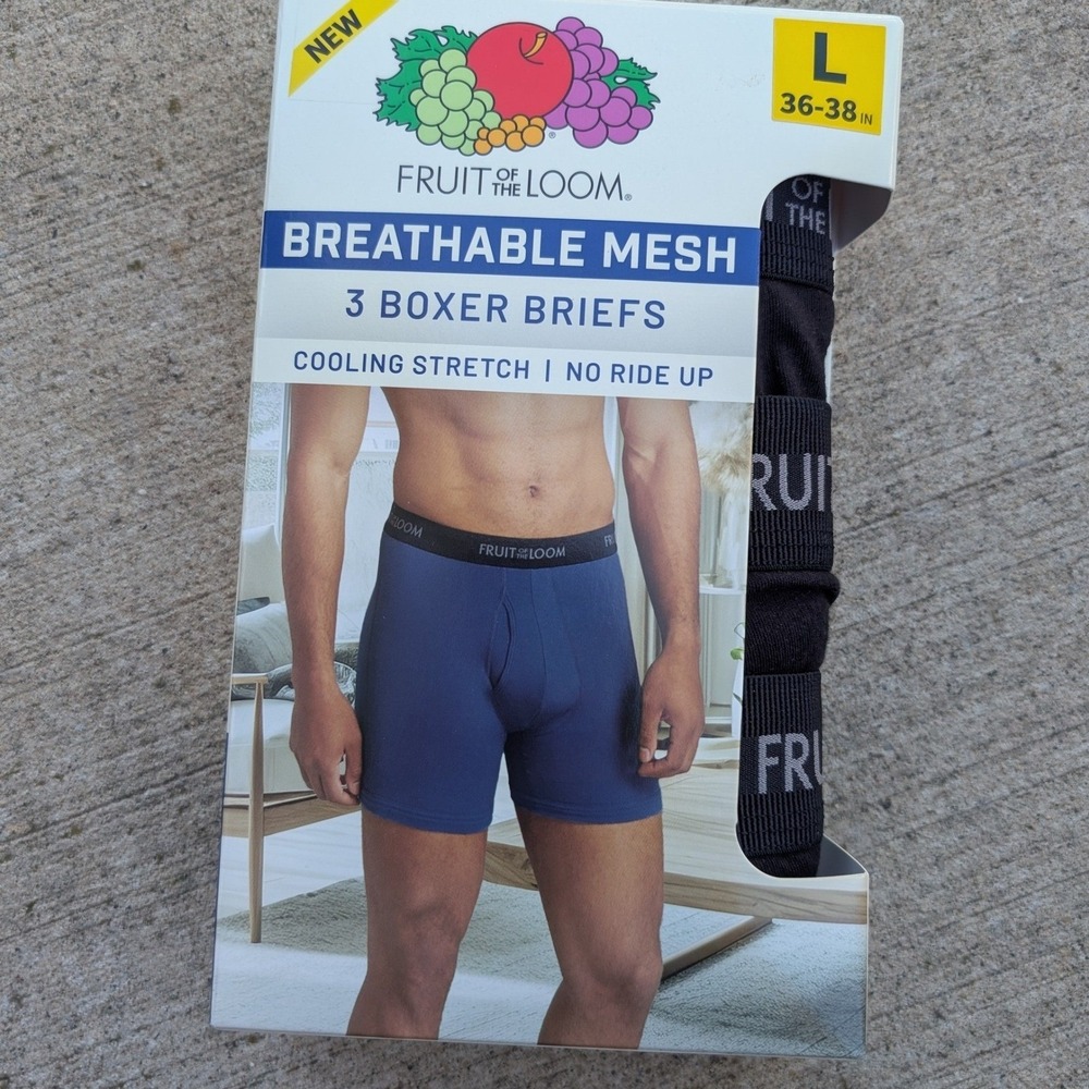 Fruit of the Loom Boxer Briefs Mens L Black NWT 3-Pack Breathable Mesh Cooling